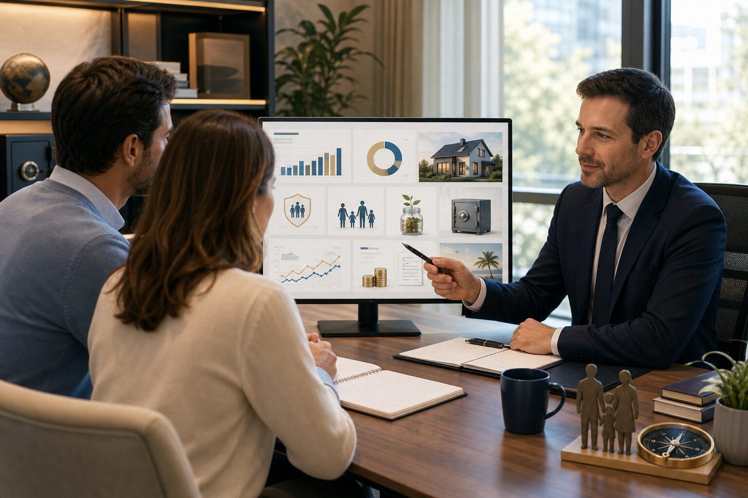 An elegant editorial illustration about personal financial planning and wealth assessment: a calm professional adviser and a couple reviewing a comprehensive patrimonial dashboard at a desk, with subtle visual elements representing income, expenses, savings, real estate, family protection, retirement planning, taxes, inheritance, and investment choices; a balanced composition showing order, clarity, and long-term strategy, with charts, house icon, safe, calendar, family silhouette, and upward but restrained financial indicators; modern office setting, warm neutral palette with blue and gold accents, sophisticated minimalism, soft natural light, high-detail, clean composition, realistic yet polished corporate style, no visible text, no logos, no branding
